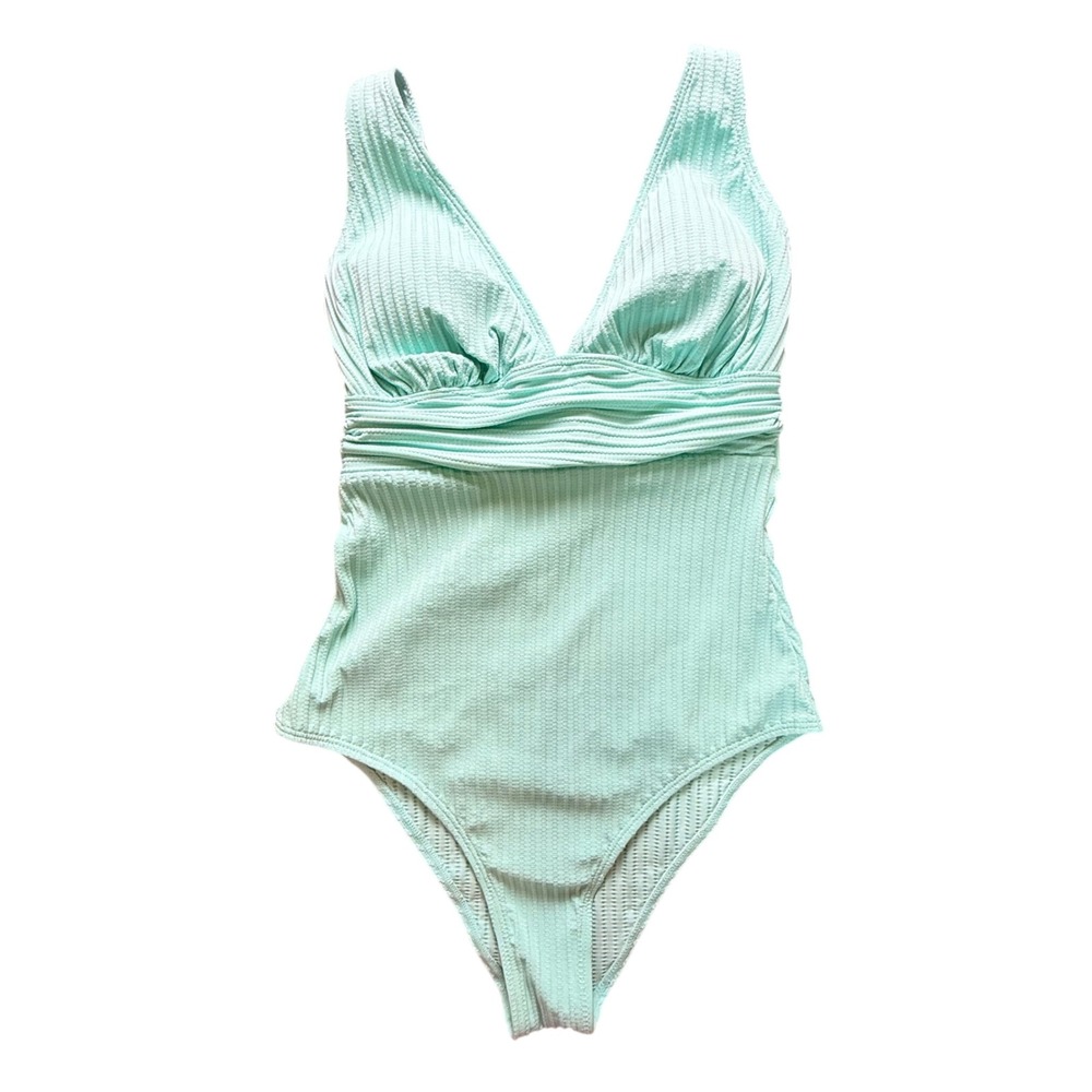 Cupshe Womens Mint Green Plunging V-Neck One Piece Swimsuit Size M Ribbed NWT